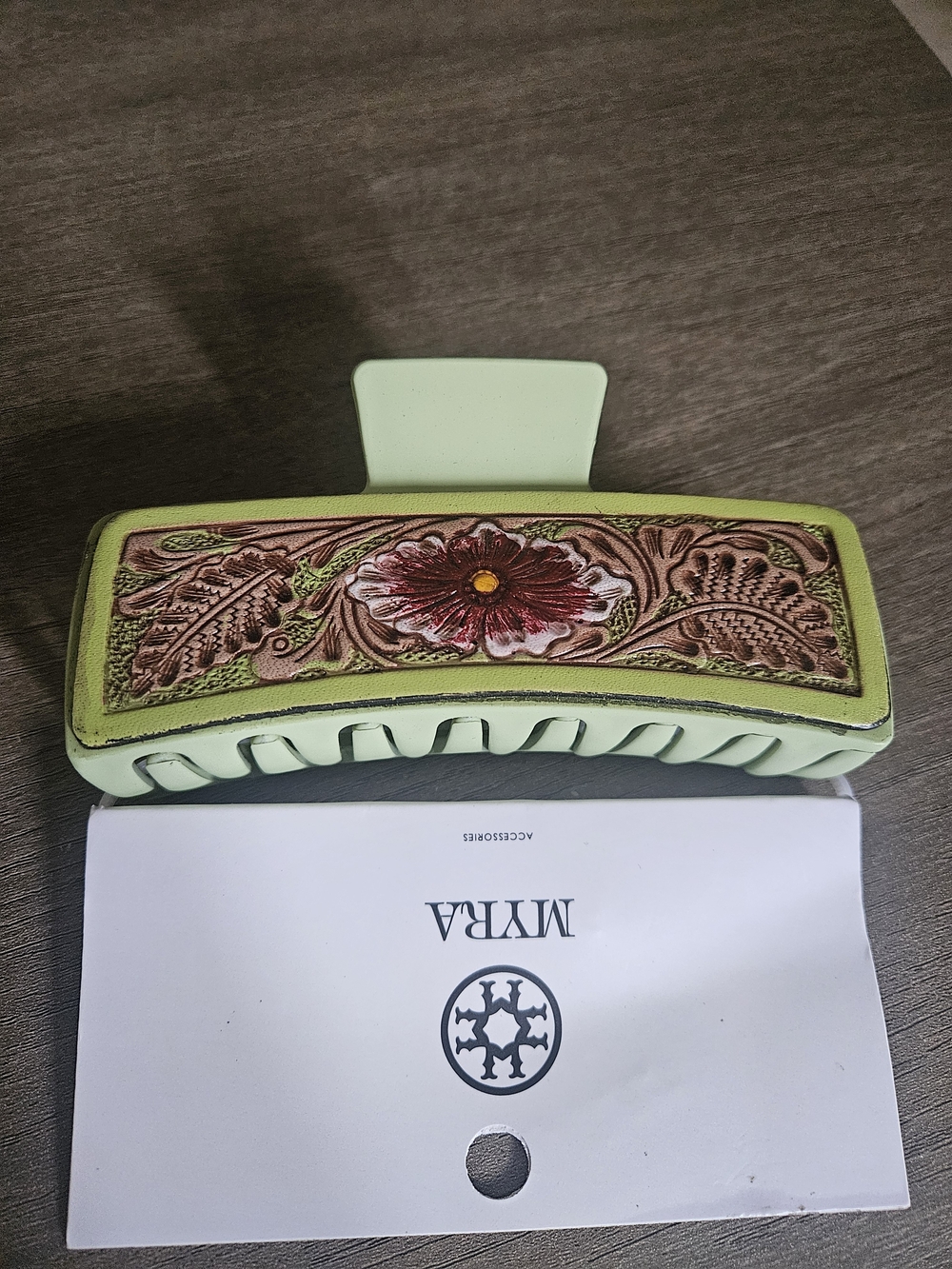 Myra Accessories 5 Inch Green Floral Leather Hair Clip - NWT - Picture 5 of 5
